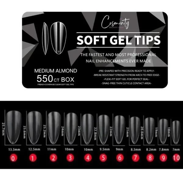 medium almond_resultat Boîte de capsules capsules Soft Gel Tips Cosminty forme amande moyenne Medium Almond 550 pièces avec guide des tailles, matériel pose américaine La Réunion 974.