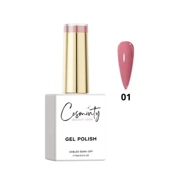 Flacon de vernis semi-permanent professionnel Cosminty, haute pigmentation et tenue 3 semaines, disponible en livraison rapide à La Réunion.