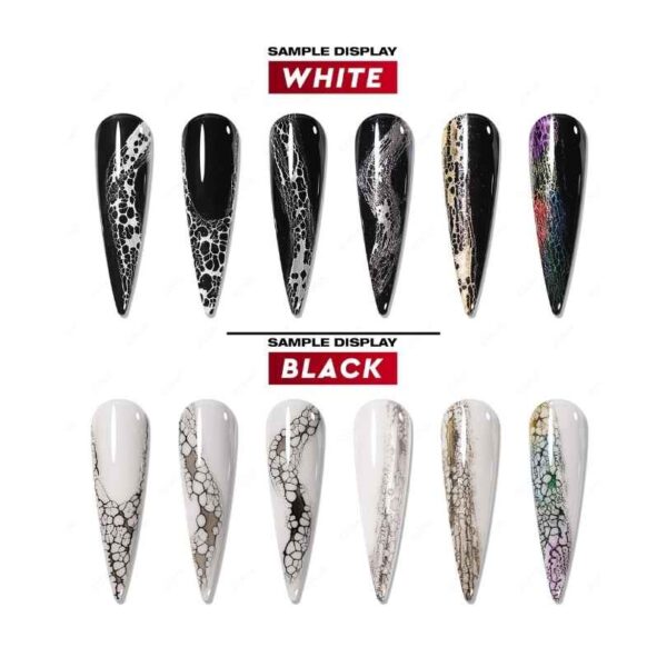 Ongles décorés avec un design abstrait en gel blanc et noi