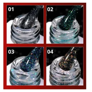 bouteil vernis avec les quatre variétés de shimmer top coat, effet scintillant