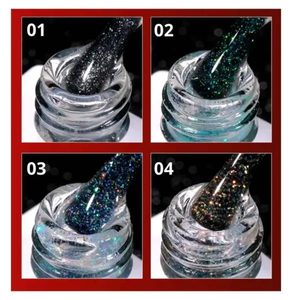 bouteil vernis avec les quatre variétés de shimmer top coat, effet scintillant