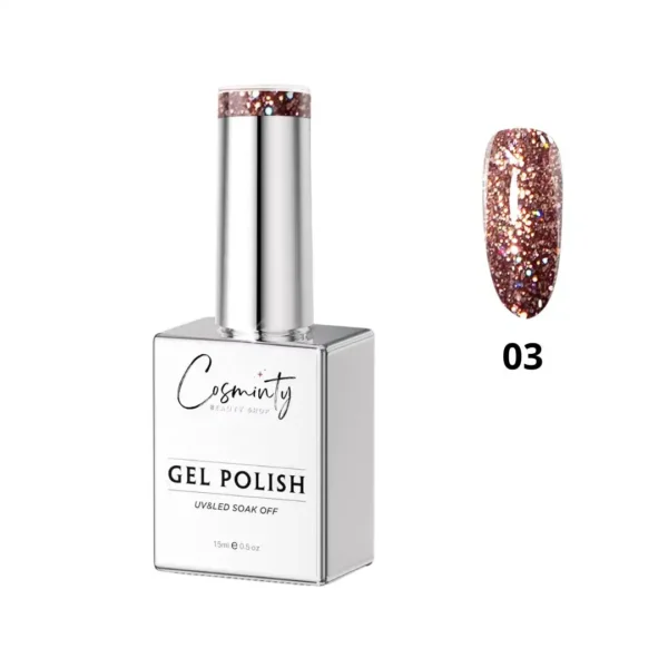 Vernis semi-permanent Glitter pailleté collection Cosminty, haute brillance et couvrance maximale, exclusivité onglerie Cosminty La Réunion.