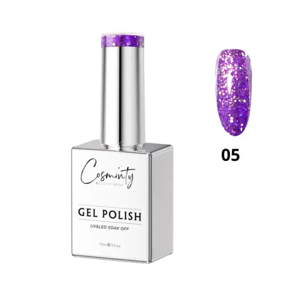 Vernis semi-permanent Glitter pailleté collection Cosminty, haute brillance et couvrance maximale, exclusivité onglerie Cosminty La Réunion.