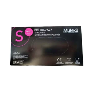 Boîte de 100 gants jetables en nitrile noir non poudrés taille S 6-7 marque Mutexil REF 888.77.77, Cosminty matériel hygiène onglerie La Réunion 974.