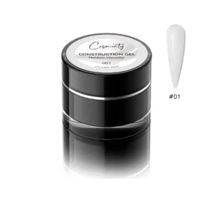 Pot de gel de construction Cosminty 30ml, référence #01 blanc laiteux, présenté avec un échantillon d'ongle assorti, Cosminty Réunion.