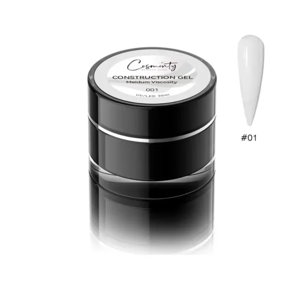 Pot de gel de construction Cosminty 30ml, référence #01 blanc laiteux, présenté avec un échantillon d'ongle assorti, Cosminty Réunion.