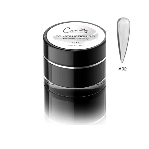 Pot de gel de construction Cosminty 30ml, référence #02, présenté avec un échantillon d'ongle assorti, Cosminty Réunion."