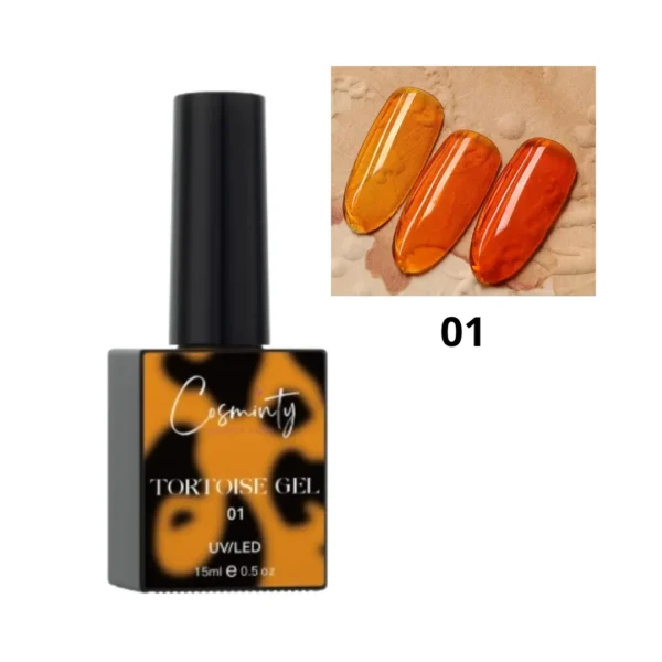 Vernis à ongles gel translucide ambre Tortoise n°1 pour effet écaille de tortue, flacon et rendu sur ongle, disponible chez Cosminty Réunion.