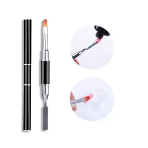 Pinceau double embout professionnel pour Acrygel et Polygel noir avec spatule en acier et capuchons protecteurs - Matériel onglerie Cosminty La Réunion.