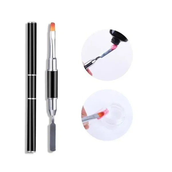 Pinceau double embout professionnel pour Acrygel et Polygel noir avec spatule en acier et capuchons protecteurs - Matériel onglerie Cosminty La Réunion.