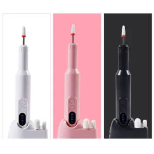 Ponceuse à ongles portable sans fil rechargeable avec socle et écran digital déclinaisons blanc rose noir, Cosminty matériel onglerie La Réunion 974.