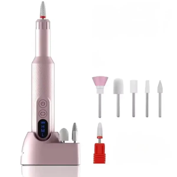 Ponceuse à ongles portable sans fil rechargeable avec socle et écran digital déclinaisons blanc rose noir, Cosminty matériel onglerie La Réunion 974.