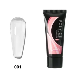 Tube de Polygel professionnel Cosminty transparent posé à côté d'un pinceau spatule et d'une lampe LED, matériel d'onglerie à La Réunion.