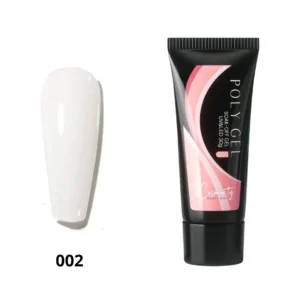 Tube de Polygel professionnel Cosminty blanc posé à côté d'un pinceau spatule et d'une lampe LED, matériel d'onglerie à La Réunion.