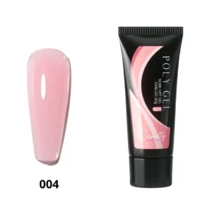Tube de Polygel professionnel Cosminty rose nude posé à côté d'un pinceau spatule et d'une lampe LED, matériel d'onglerie à La Réunion.