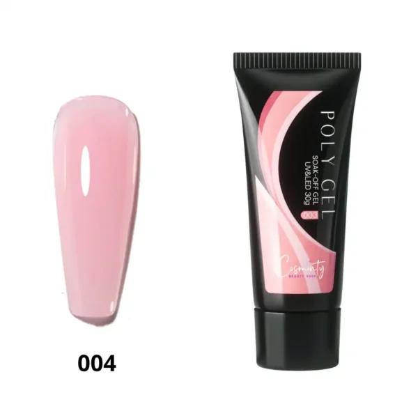 poly gel 004_resultat Tube de Polygel professionnel Cosminty rose nude posé à côté d'un pinceau spatule et d'une lampe LED, matériel d'onglerie à La Réunion.