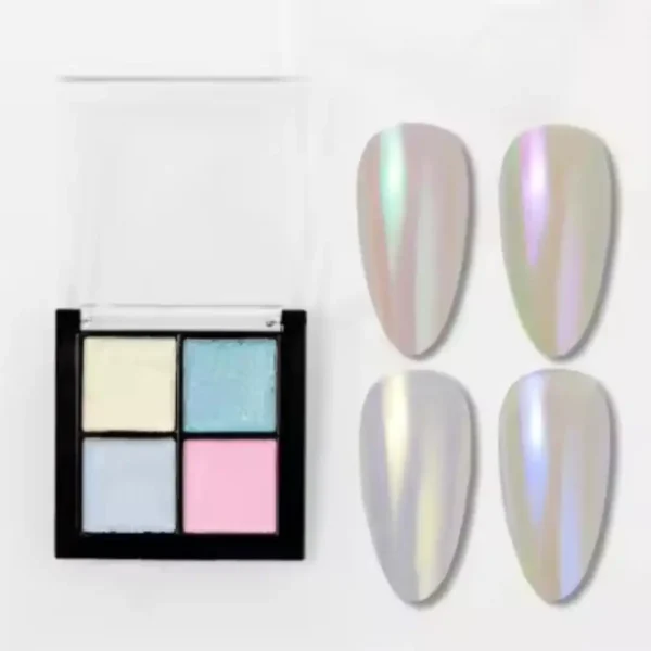 Palette de 4 poudres chrome pour ongles Cosminty, effets métalliques or, argent et reflets holographiques, matériel professionnel onglerie La Réunion.