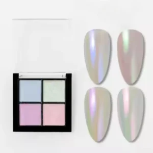 Palette de 4 poudres chrome pour ongles Cosminty, effets métalliques or, argent et reflets holographiques, matériel professionnel onglerie La Réunion.