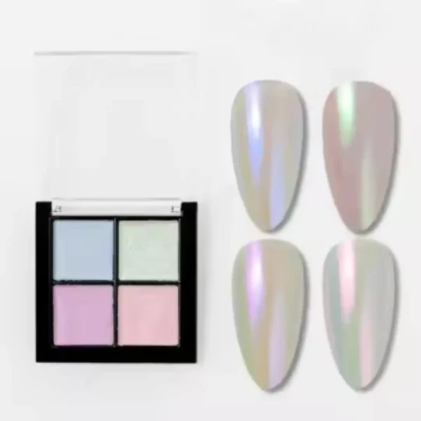 Palette de 4 poudres chrome pour ongles Cosminty, effets métalliques or, argent et reflets holographiques, matériel professionnel onglerie La Réunion.