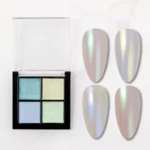 Palette de 4 poudres chrome pour ongles Cosminty, effets métalliques or, argent et reflets holographiques, matériel professionnel onglerie La Réunion.