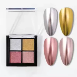 Palette de 4 poudres chrome pour ongles Cosminty, effets métalliques or, argent et reflets holographiques, matériel professionnel onglerie La Réunion.