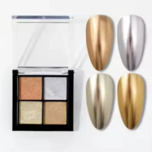 Palette de 4 poudres chrome pour ongles Cosminty, effets métalliques or, argent et reflets holographiques, matériel professionnel onglerie La Réunion.