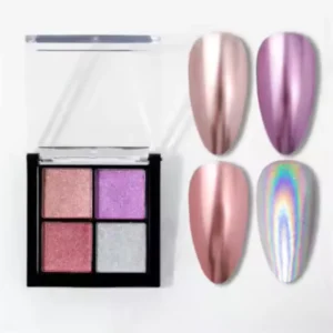 Palette de 4 poudres chrome pour ongles Cosminty, effets métalliques or, argent et reflets holographiques, matériel professionnel onglerie La Réunion.