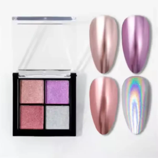 FS-03_resultat Palette de 4 poudres chrome pour ongles Cosminty, effets métalliques or, argent et reflets holographiques, matériel professionnel onglerie La Réunion.