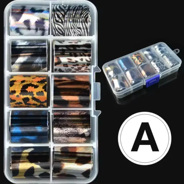 Boîte de rangement contenant 10 rouleaux de papier foil aux motifs variés pour décoration d'ongles - Cosminty 974.