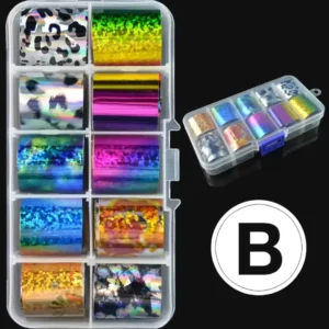 Boîte de rangement contenant 10 rouleaux de papier foil aux motifs variés pour décoration d'ongles - Cosminty 974.