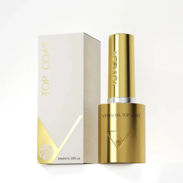 TOP COAT_resultat Flacon de Top Coat Venalisa 10ml sans résidu, finition brillante effet verre trempé pour vernis semi-permanent, expert onglerie Cosminty La Réunion.