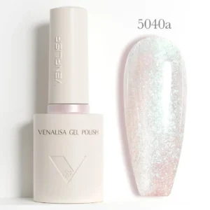 Flacon de vernis semi-permanent Venalisa GLITTER 10ml avec pinceau applicateur, montrant des reflets bleus et violets profonds, matériel onglerie professionnel Cosminty La Réunion.