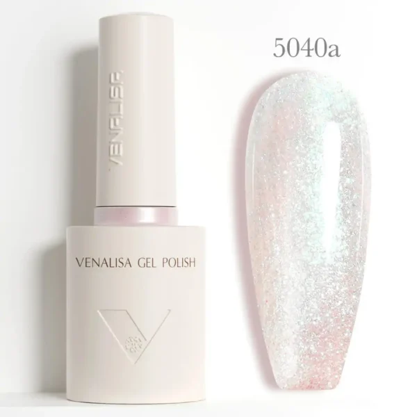 Flacon de vernis semi-permanent Venalisa GLITTER 10ml avec pinceau applicateur, montrant des reflets bleus et violets profonds, matériel onglerie professionnel Cosminty La Réunion.