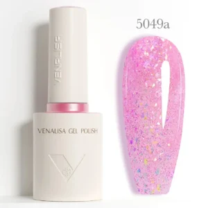 Flacon de vernis semi-permanent Venalisa GLITTER 10ml avec pinceau applicateur, montrant des reflets PAILLETTE bleus et violets profonds, matériel onglerie professionnel Cosminty La Réunion.