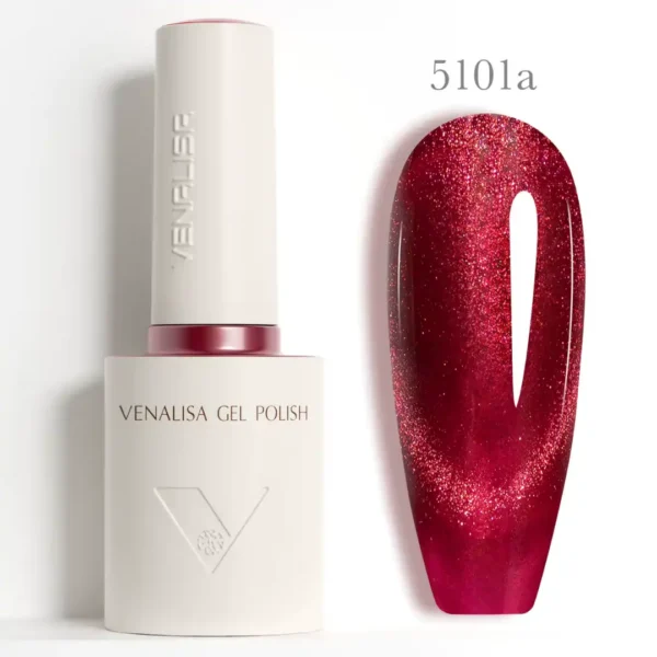 Flacon de vernis semi-permanent Venalisa Cat Eye 10ml avec pinceau applicateur, montrant des reflets magnétiques bleus et violets profonds, matériel onglerie professionnel Cosminty La Réunion.