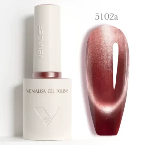 Flacon de vernis semi-permanent Venalisa Cat Eye 10ml avec pinceau applicateur, montrant des reflets magnétiques bleus et violets profonds, matériel onglerie professionnel Cosminty La Réunion.