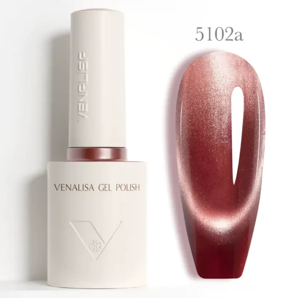 Flacon de vernis semi-permanent Venalisa Cat Eye 10ml avec pinceau applicateur, montrant des reflets magnétiques bleus et violets profonds, matériel onglerie professionnel Cosminty La Réunion.