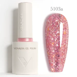 Flacon de vernis semi-permanent Venalisa GLITTER 10ml avec pinceau applicateur, montrant des reflets bleus et violets profonds, matériel onglerie professionnel Cosminty La Réunion.