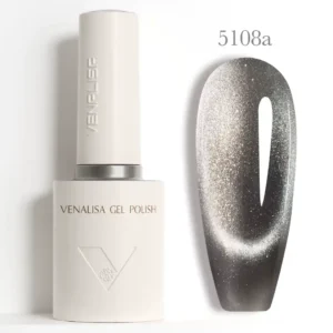 Flacon de vernis semi-permanent Venalisa Cat Eye 10ml avec pinceau applicateur, montrant des reflets magnétiques bleus et violets profonds, matériel onglerie professionnel Cosminty La Réunion.