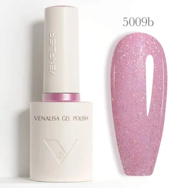 Vernis Semi Permanent 5009B GLITTER_resultat Flacon de vernis semi-permanent Venalisa Glitter 10ml, gros plan sur les paillettes brillantes haute densité, matériel de manucure professionnel disponible chez Cosminty La Réunion.