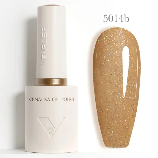 Flacon de vernis semi-permanent Venalisa Glitter 10ml, gros plan sur les paillettes brillantes haute densité, matériel de manucure professionnel disponible chez Cosminty La Réunion.