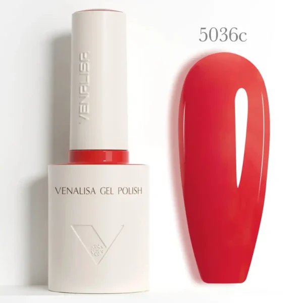 Vernis Semi Permanent 5036C COULEUR INTENSES_resultat Flacon de vernis semi-permanent Venalisa Couleurs Intenses 10ml, texture crémeuse rouge vif haute couvrance, matériel professionnel pour prothésiste ongulaire disponible chez Cosminty La Réunion.