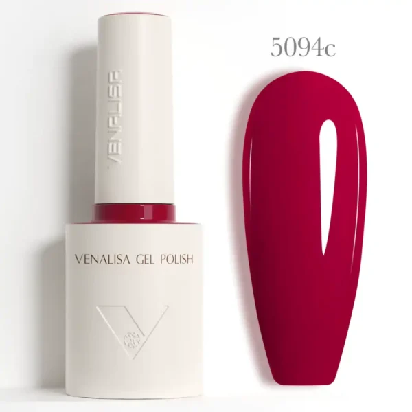 Vernis Semi Permanent 5094C COULEUR INTENSES_resultat Flacon de vernis semi-permanent Venalisa Couleurs Intenses 10ml, texture crémeuse rouge vif haute couvrance, matériel professionnel pour prothésiste ongulaire disponible chez Cosminty La Réunion.