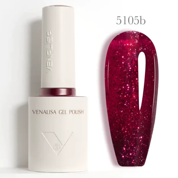 Flacon de vernis semi-permanent Venalisa Glitter 10ml, gros plan sur les paillettes brillantes haute densité, matériel de manucure professionnel disponible chez Cosminty La Réunion.