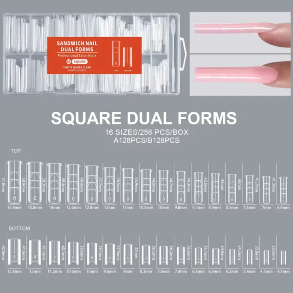 Boîte de 256 capsules Dual Forms forme Coffin (Sandwich Nail) avec 16 tailles différentes pour extensions d'ongles en Polygel ou Acrygel