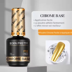 Flacon de Chrome Base F12 Born Pretty Pro, base spéciale pour l'application et l'adhérence des poudres chrome et effets miroirs sur ongles.