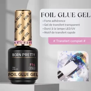 Flacon de Foil Glue Gel F14 Born Pretty Pro, gel de transfert professionnel pour papier foil, formule saine sans HEMA ni TPO.