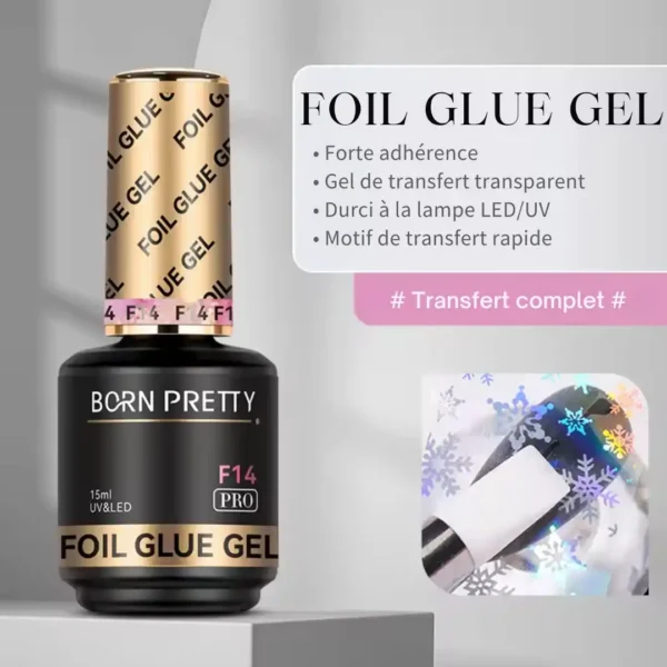 Flacon de Foil Glue Gel F14 Born Pretty Pro, gel de transfert professionnel pour papier foil, formule saine sans HEMA ni TPO.