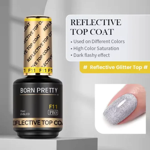 HEMA FREE_resultat Flacon de Reflective Top Coat F11 Born Pretty Pro, finition scintillante à reflets holographiques et effet flash sous la lumière, sans HEMA ni TPO.