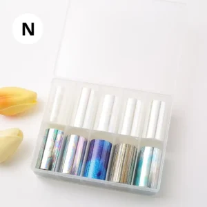 Coffret de papiers foils professionnels pour transfert sur ongles, diverses couleurs et effets miroirs, disponible chez Cosminty Réunion.